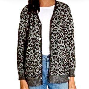 NWT No Flaws wool blend ocelot jacquard knit cardigan black gray large leopard